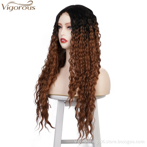 Vigorous Top Quality 30 Inches Long Kinky Curly Wigs For Women Natural Middle Part Wigs Ombre Brown Wavy Wigs